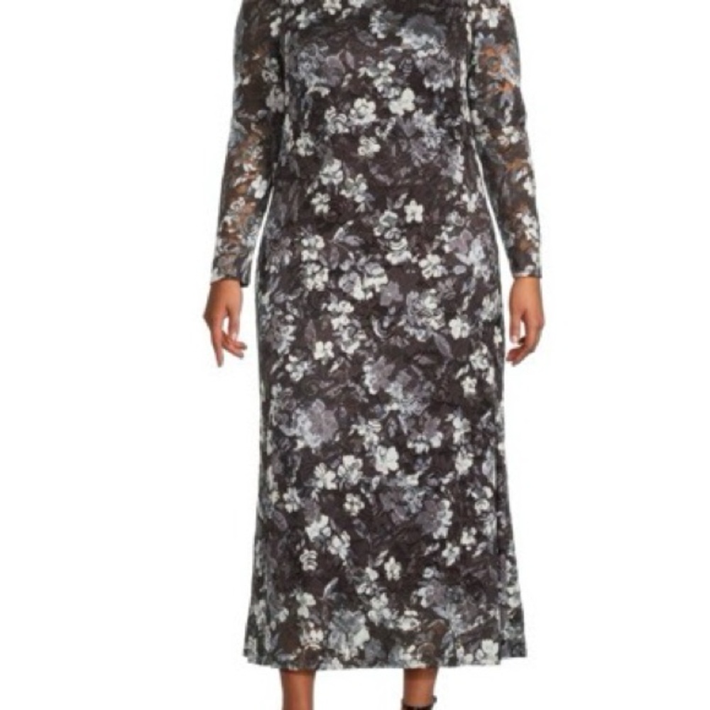 MARINA Black and White Floral Long Sleeve Dress off-the-shoulder lace gown